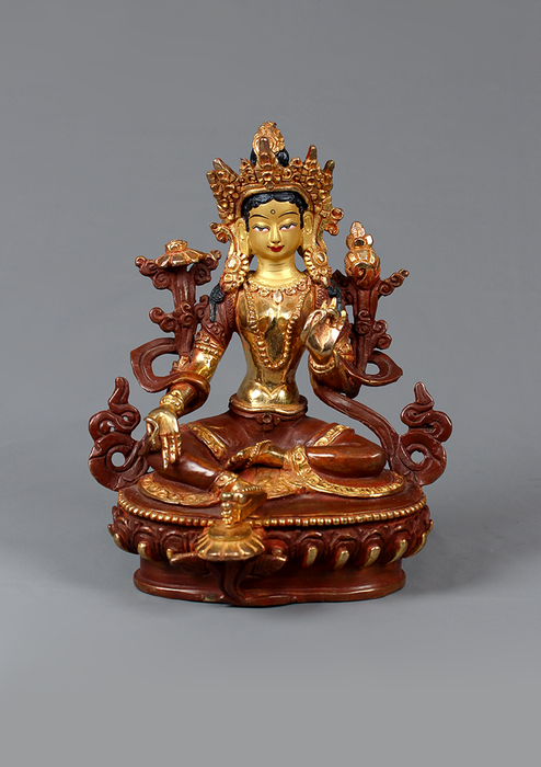 Partly Gold Plated Green Tara Statue 6.5" H