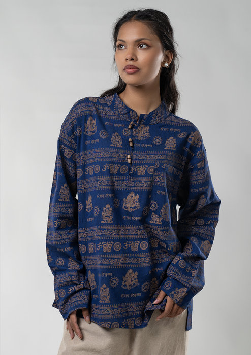 Hare Ram Hare Krishna  Khadar Kurta Shirt - Blue