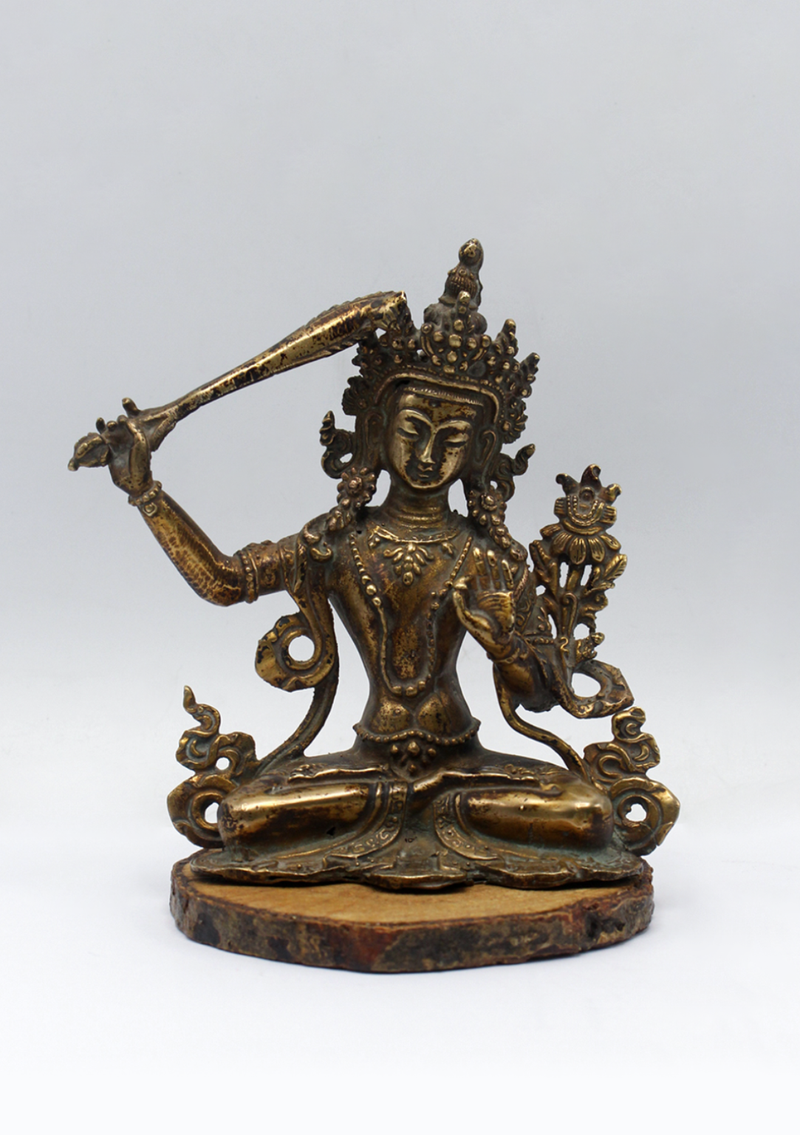 Fully Gold-Plated Manjushri Statue with Antique Finish 5"H