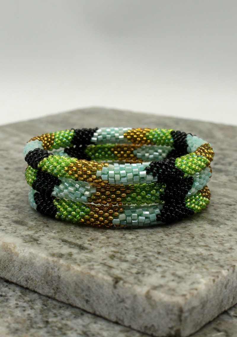 Blue Gold Stripe Reef Roll on Beads Bracelet