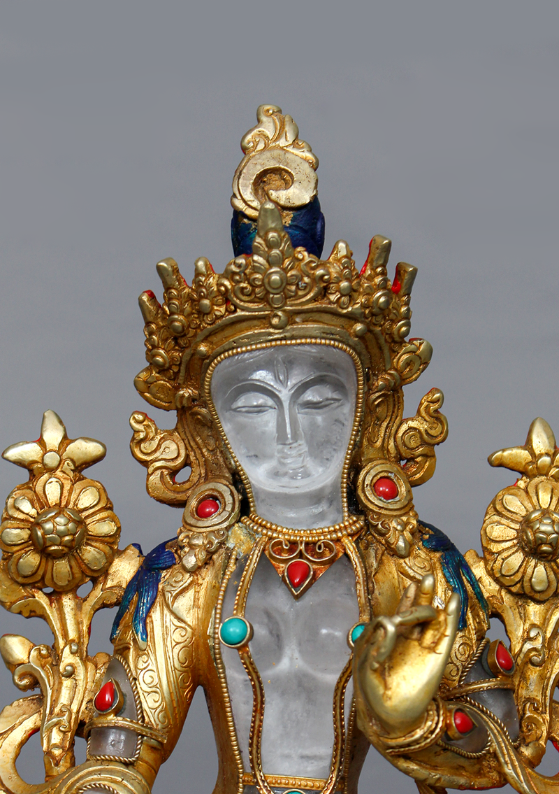 Crystal Gold Plated White Tara Statue 8.5"H