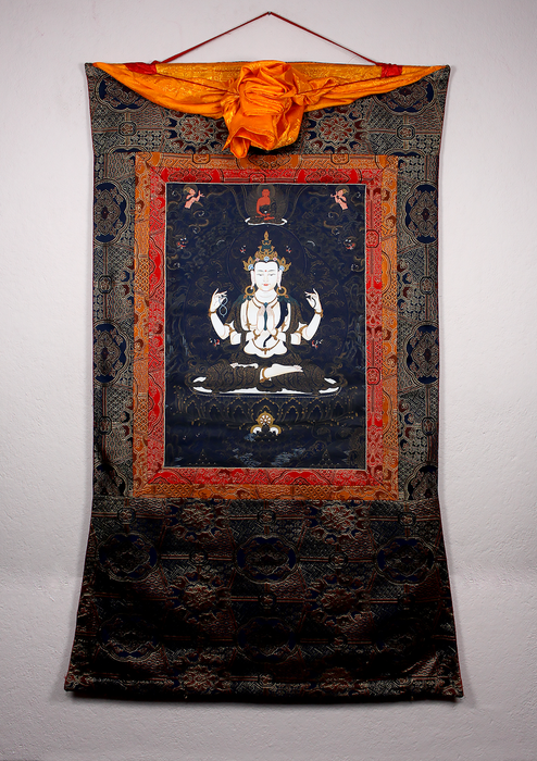 Chenrezig with Gold Highlights Brocade Thangka Painting