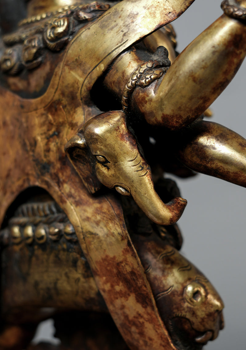 Masterpiece Antique Style Six Armed Mahakala with Ganesh Statue 17" H