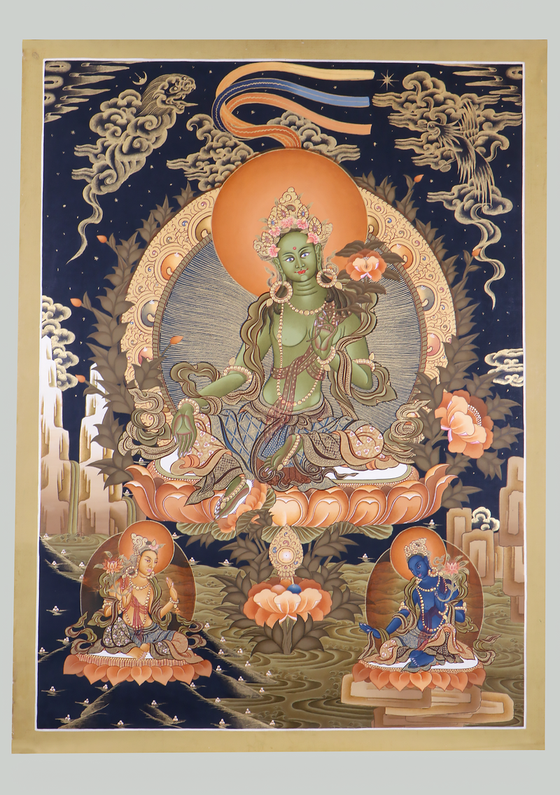 Green Tara 24 K Gold Drop Thangka Painting