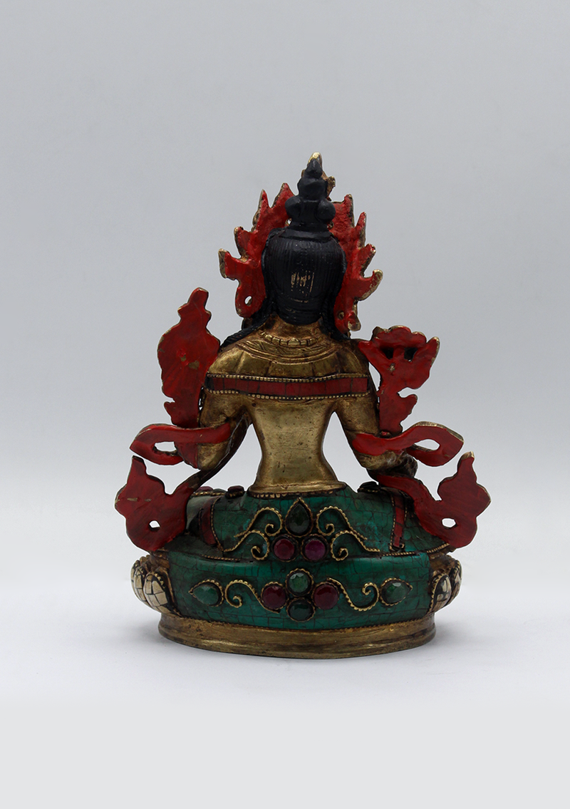 Stone Inlaid Copper Green Tara Statue 6"H (1)