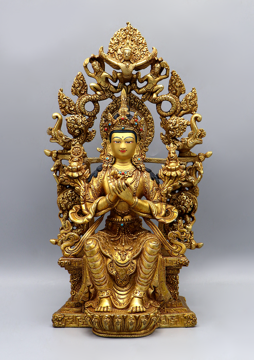 Maitreya Buddha 24 K Gold Copper Statue 13.5" H