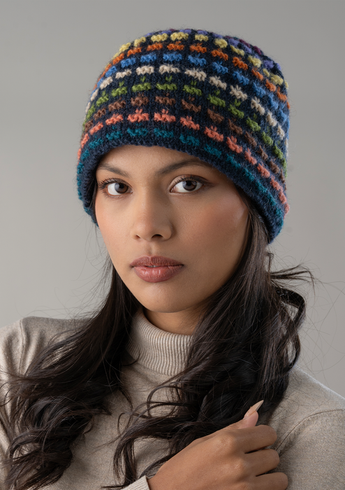 Handknitted Multicolor Dotted Beanie - Deep Blue