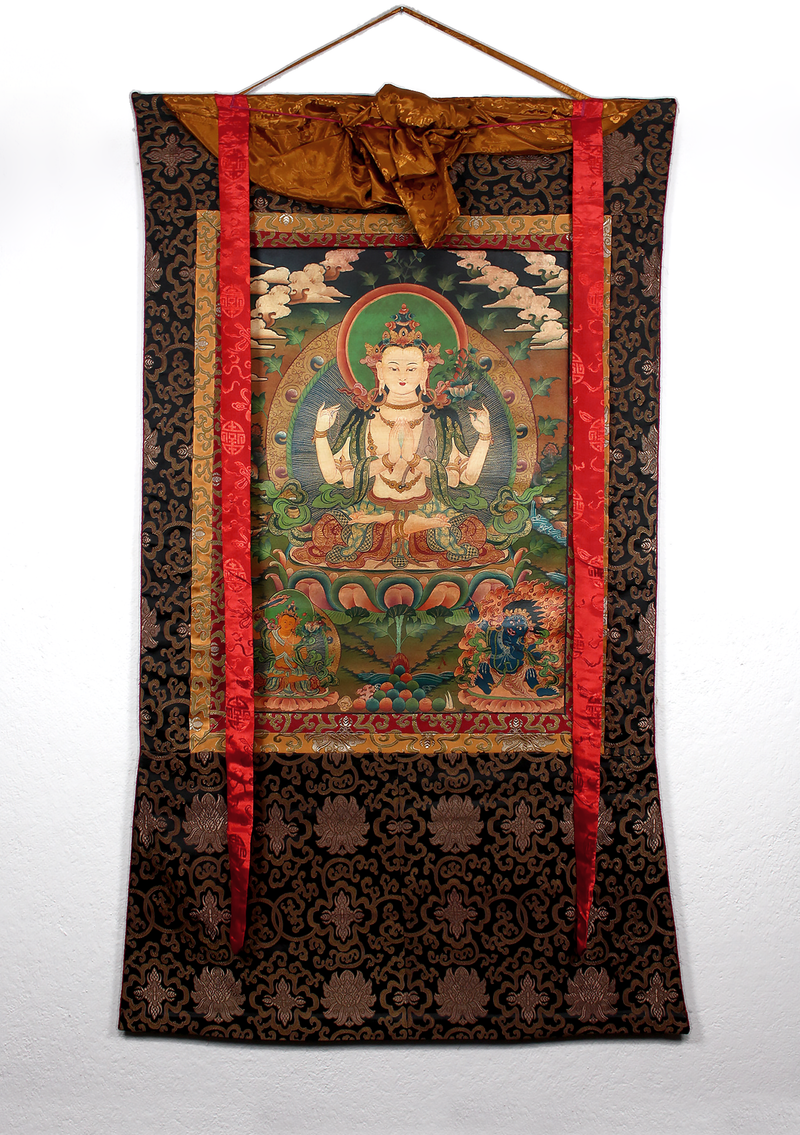 Antique Chenrezig Brocade Thangka Painting