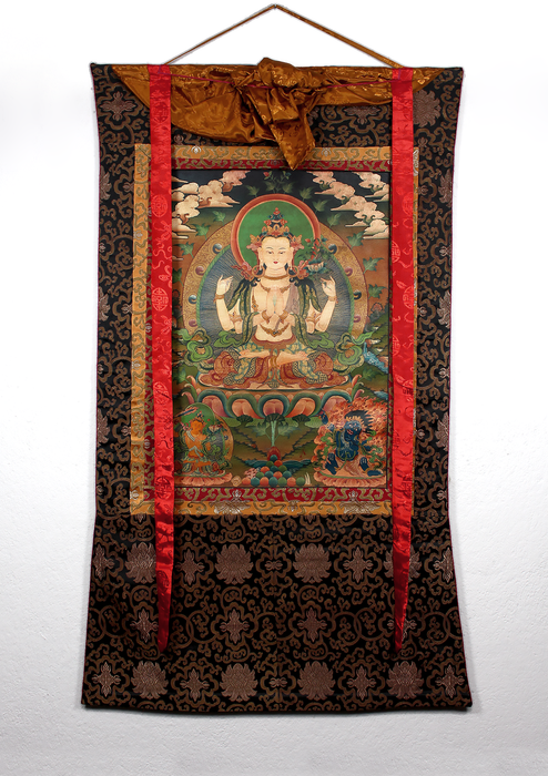 Antique Chenrezig Brocade Thangka Painting