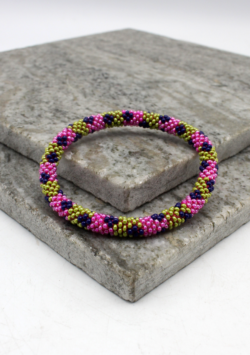 Pink Green Two Lines Nepalese Roll on Beads Bracelet