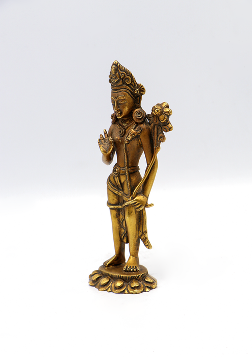Fully Gold Plated Standing Lokeshwora with Flower Statue 6"H