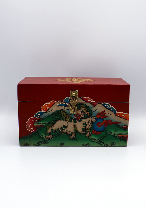 Handpainted Tibetan Snow Lion Wooden Box 10"