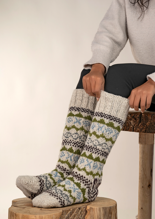 Hand Knitted White and Olive Green Knee High Socks