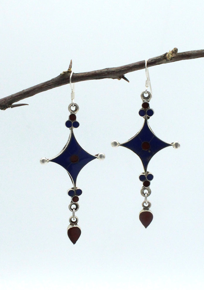 Sterling Silver Star Shaped Drop Earrings with Inlaid Lapis and Coral