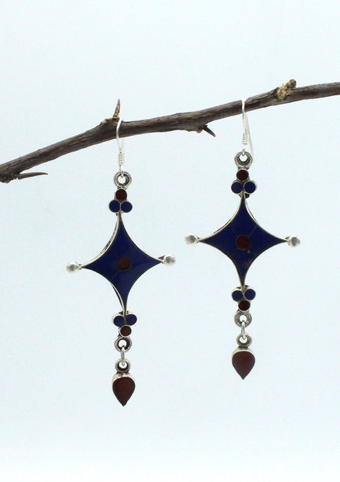Sterling Silver Star Shaped Drop Earrings with Inlaid Lapis and Coral