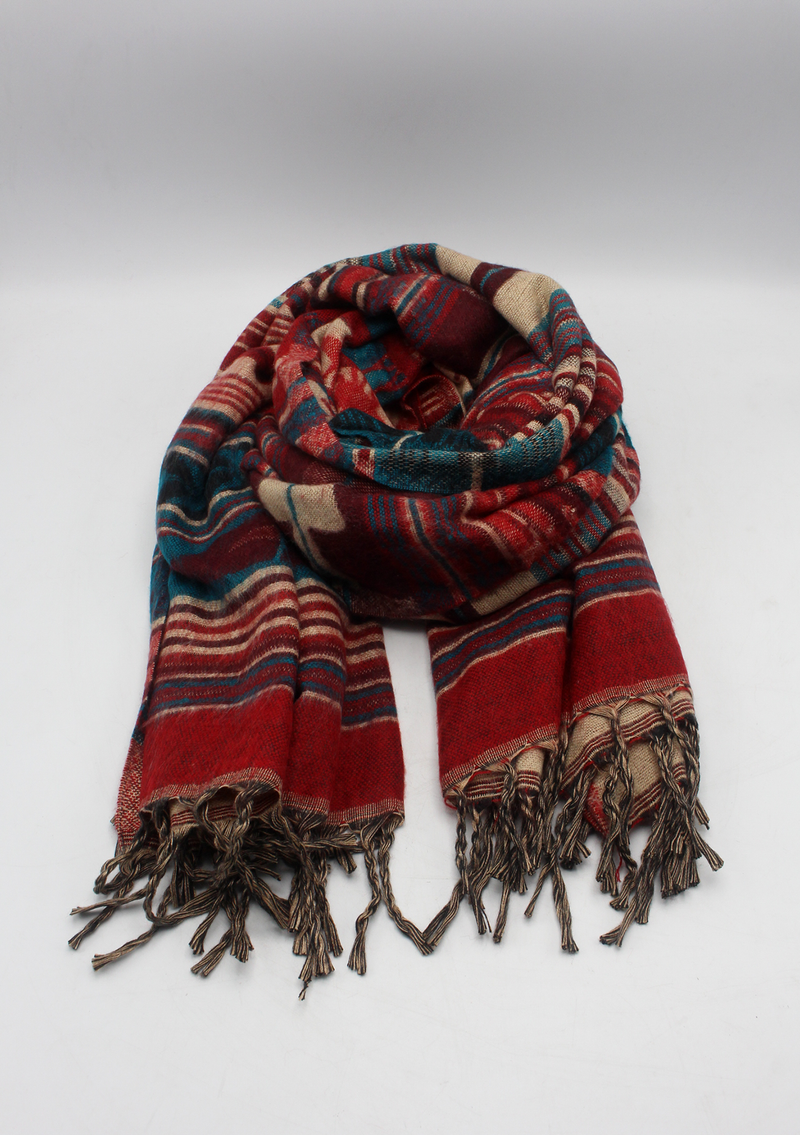 Hand loomed Red Blue Woolen Shawl Nepal- Nimrat