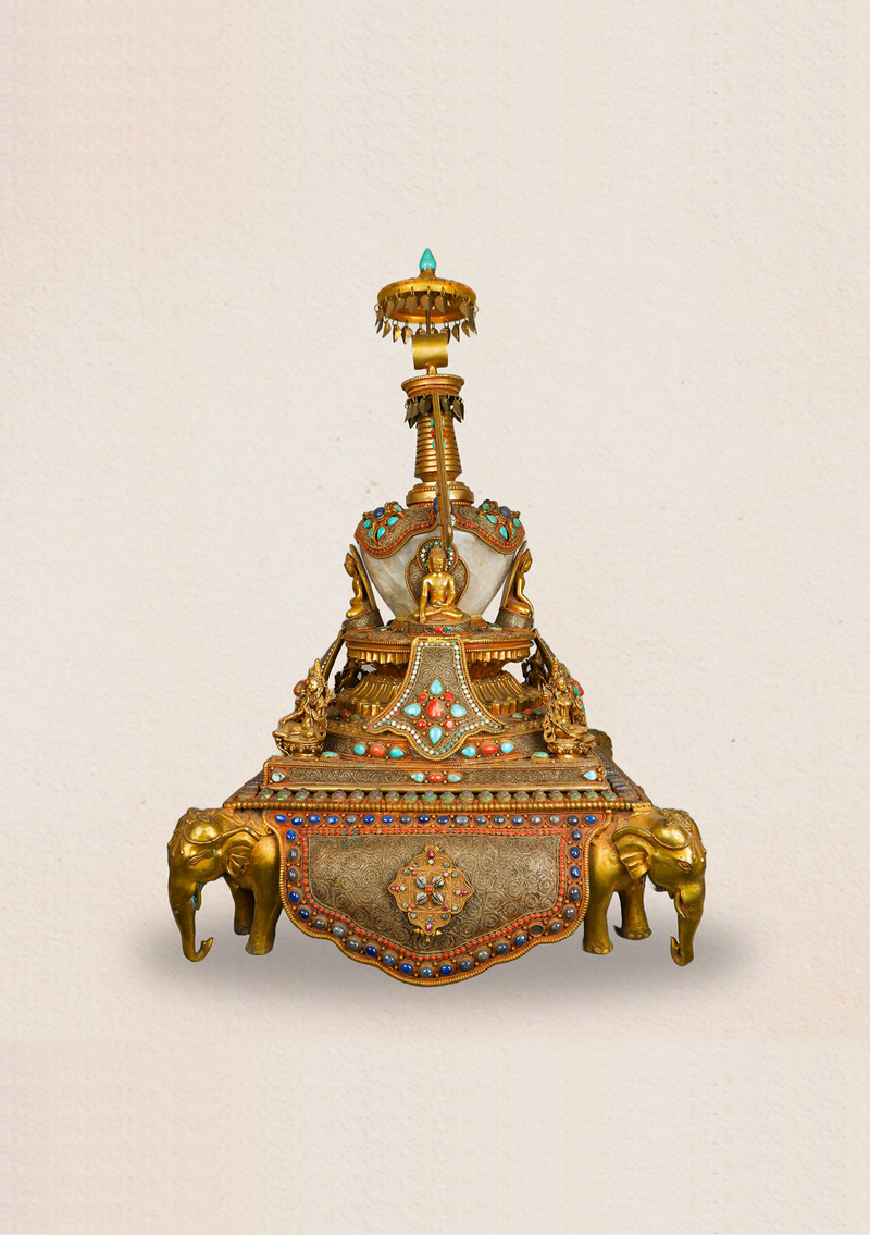 Elephant Guardian Serenity: Five Buddha Crystal Stupa Bowl Enhanced with Turquoise, Coral, and Lapis Lazuli Stones