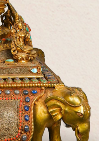 Elephant Guardian Serenity: Five Buddha Crystal Stupa Bowl Enhanced with Turquoise, Coral, and Lapis Lazuli Stones