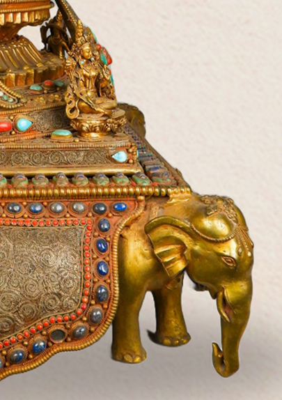 Elephant Guardian Serenity: Five Buddha Crystal Stupa Bowl Enhanced with Turquoise, Coral, and Lapis Lazuli Stones