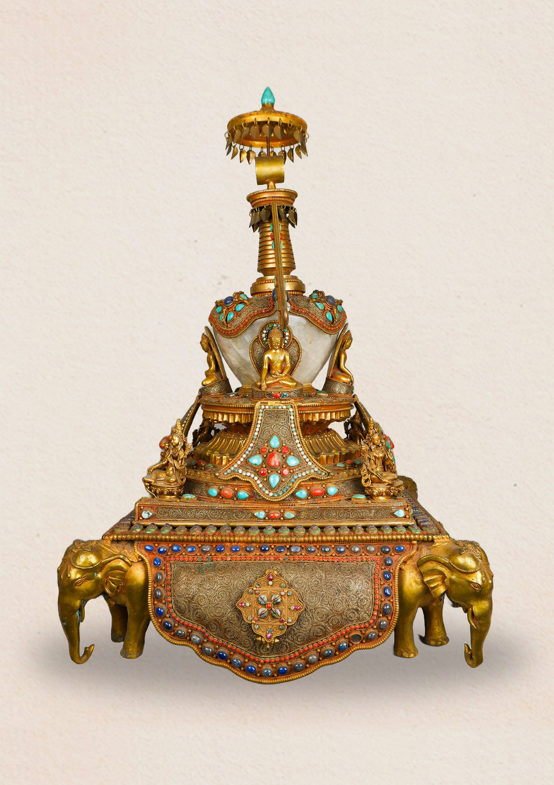 Elephant Guardian Serenity: Five Buddha Crystal Stupa Bowl Enhanced with Turquoise, Coral, and Lapis Lazuli Stones