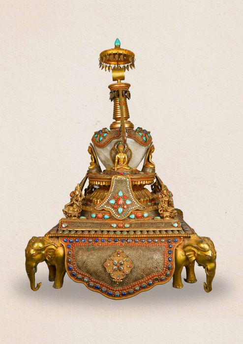Elephant Guardian Serenity: Five Buddha Crystal Stupa Bowl Enhanced with Turquoise, Coral, and Lapis Lazuli Stones
