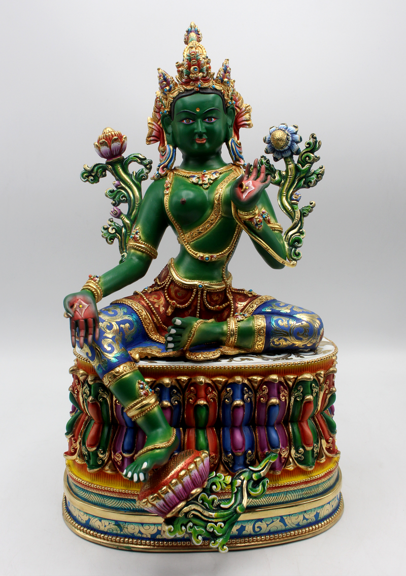 Radiant Gold Jewels Green Tara Sculpture: A Nepali Masterpiece