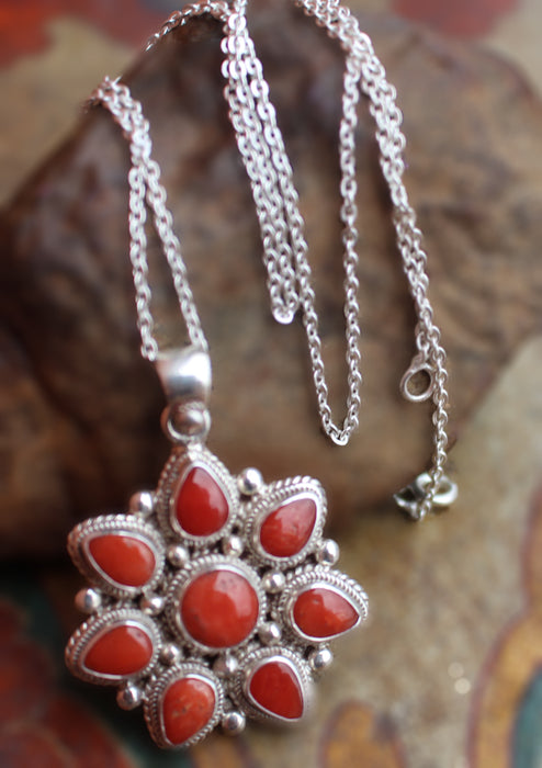 Beautiful Plumeria Flower Carved Coral Decoration 925 Silver Sterling Pendant