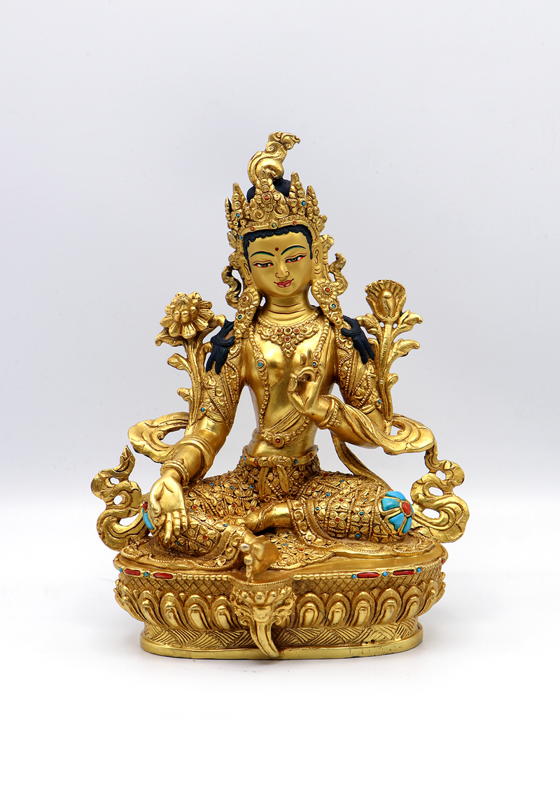 Full Gold Plated Copper Stone Inlaid Green Tara Statue 8.5"H