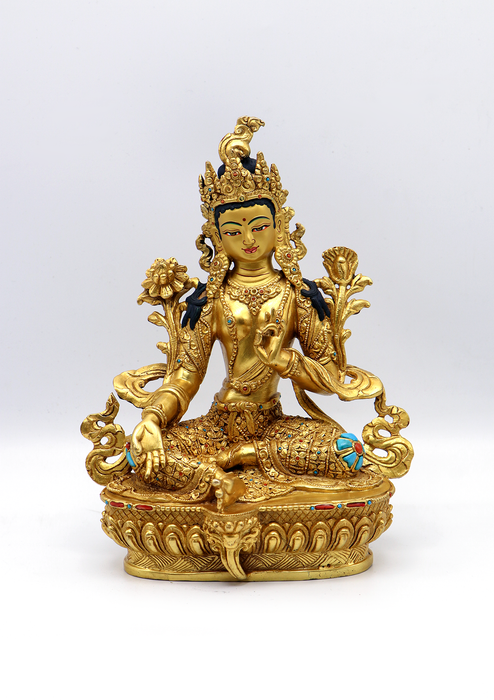 Full Gold Plated Copper Stone Inlaid Green Tara Statue 8.5"H