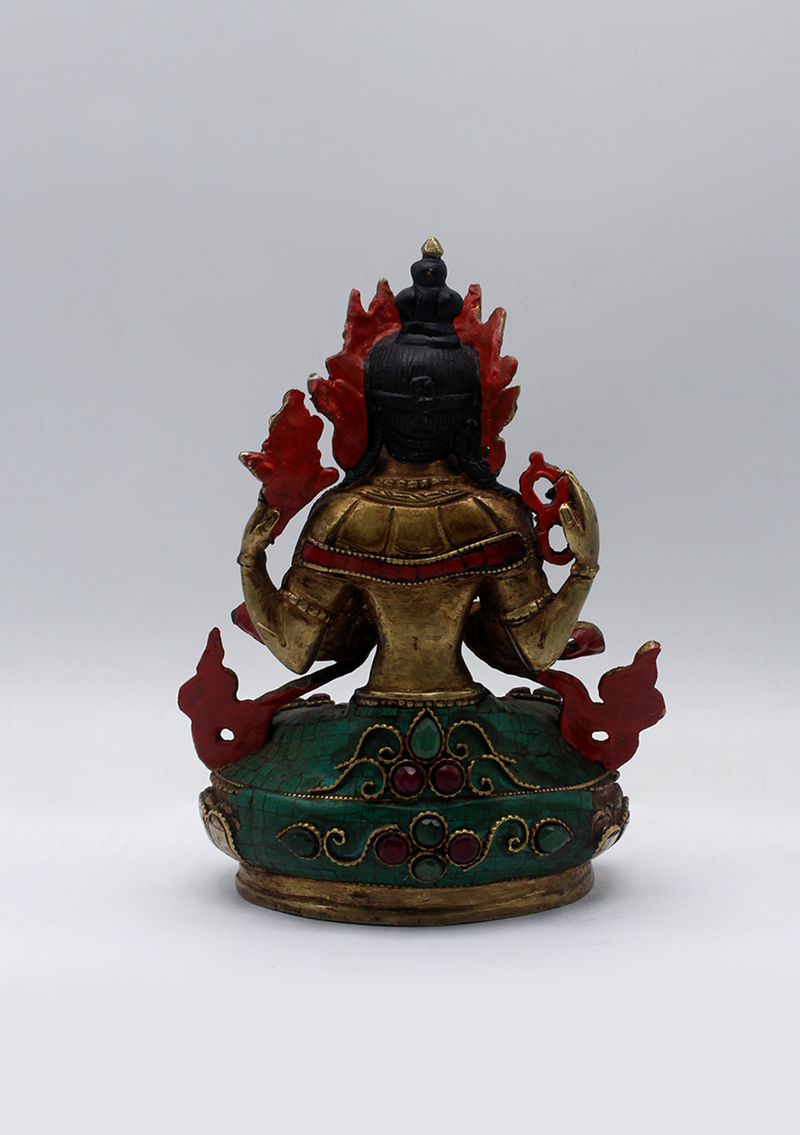 Stone Inlaid Copper Chenrezig Statue 6"H (2)
