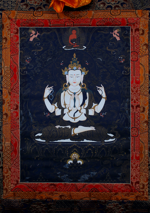 Chenrezig with Gold Highlights Brocade Thangka Painting