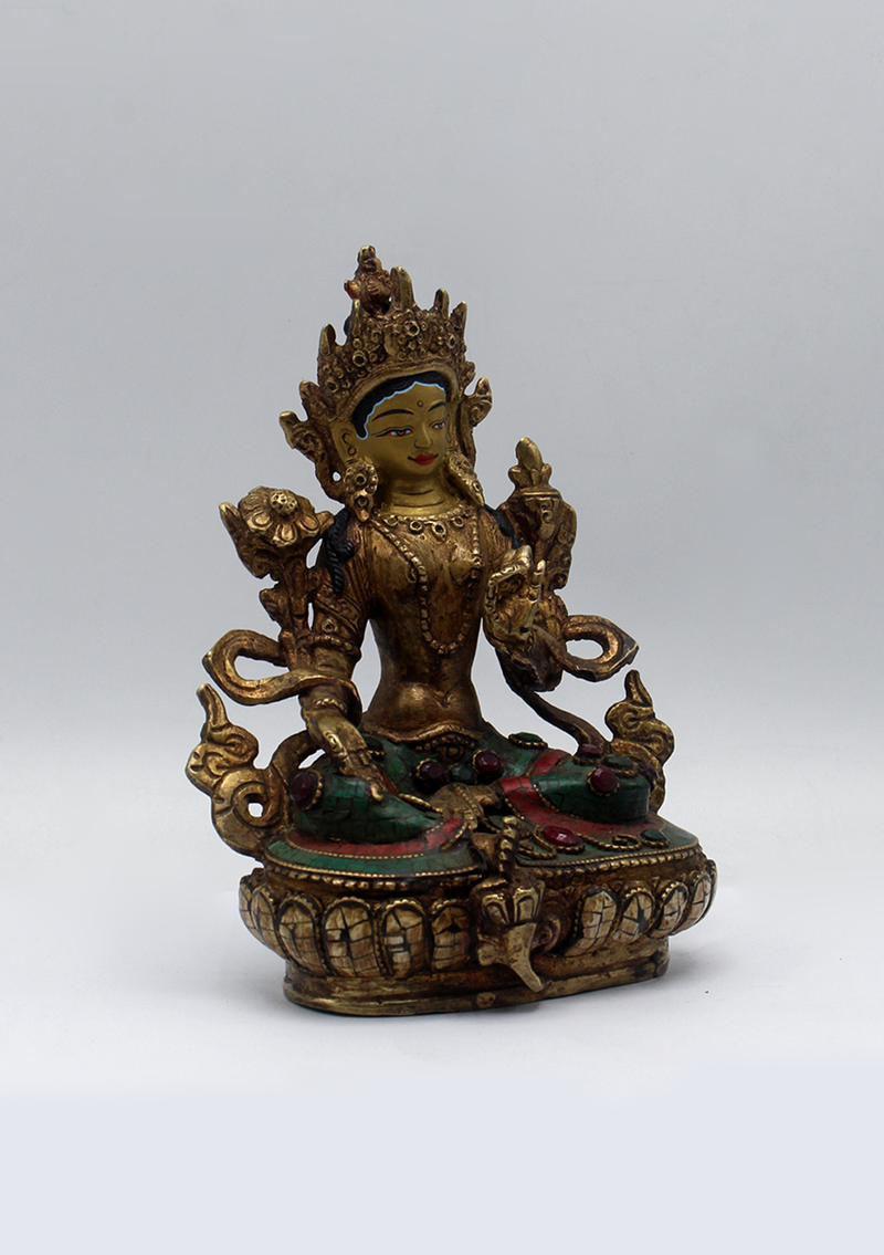 Stone Inlaid Copper Green Tara Statue 6"H (2)