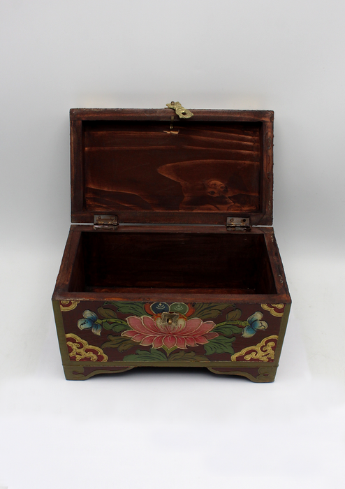 Handpainted Tibetan  Lotus Conch Wooden Box - Large