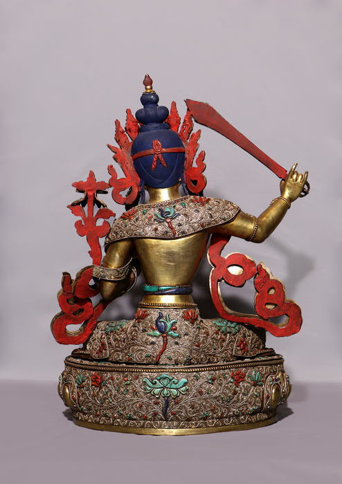 Mastercrafted Silver Filigree Stone Inlaid Manjushri Statue 19"H