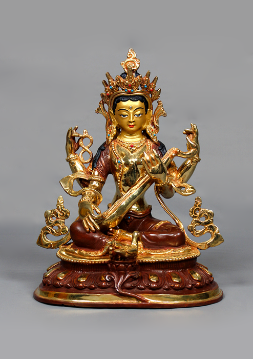 Partly Gold Plated Copper Saraswoti Statue 9.2" H
