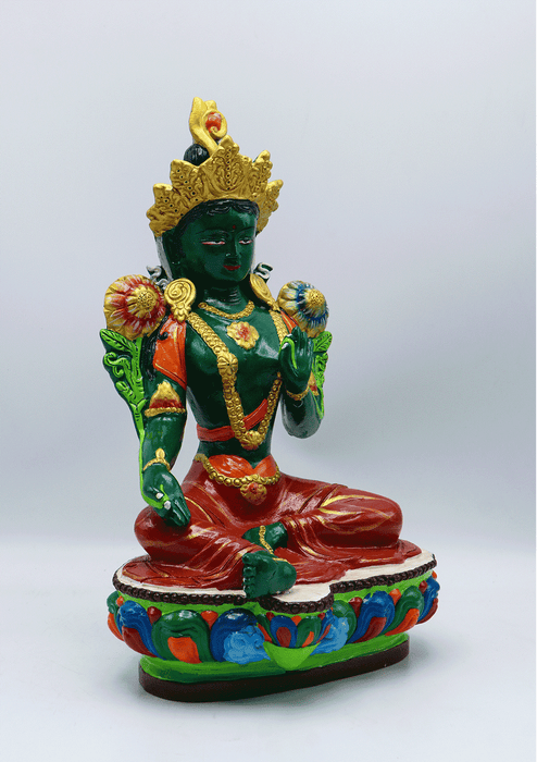 Hand-Painted Terracotta Green Tara Statue 13.5"