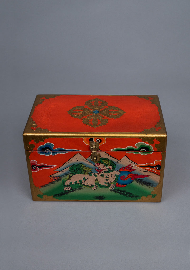 Handpainted Tibetan Snow Lion & Doube Dorjee Wooden Altar Box