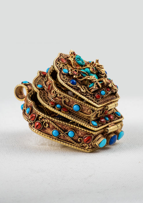 925 Silver Tibetan Ghau with Gold Plating - Green Tara, Chenrezig & Medicine Buddha