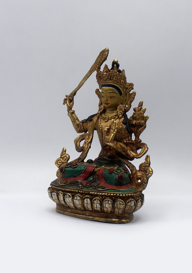 Stone Inlaid Copper Manjushri Statue 6.5"H