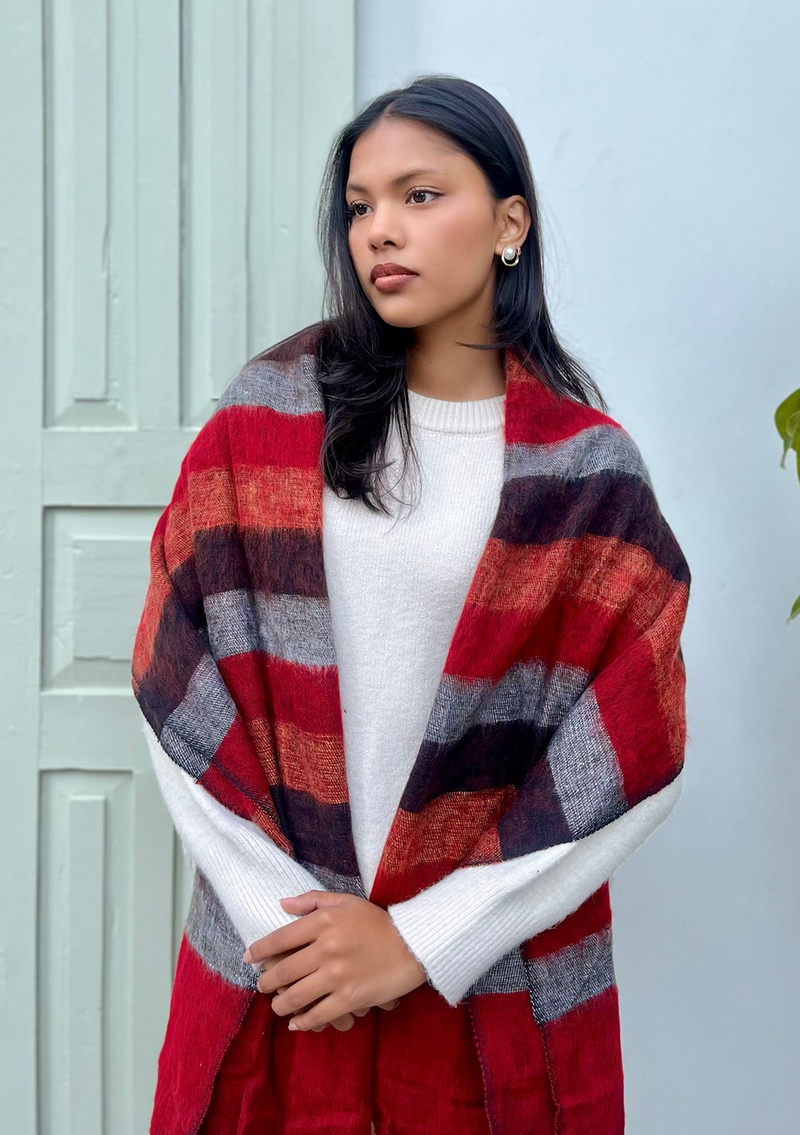 Red Brown Mix Stripe Hand-loomed Yak Wool Shawl