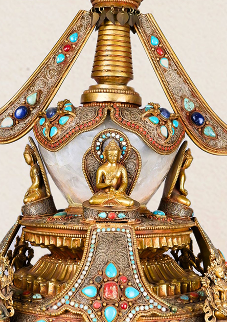 Elephant Guardian Serenity: Five Buddha Crystal Stupa Bowl Enhanced with Turquoise, Coral, and Lapis Lazuli Stones