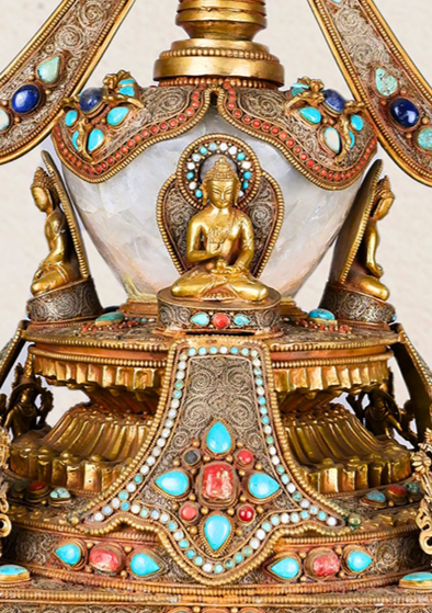 Elephant Guardian Serenity: Five Buddha Crystal Stupa Bowl Enhanced with Turquoise, Coral, and Lapis Lazuli Stones