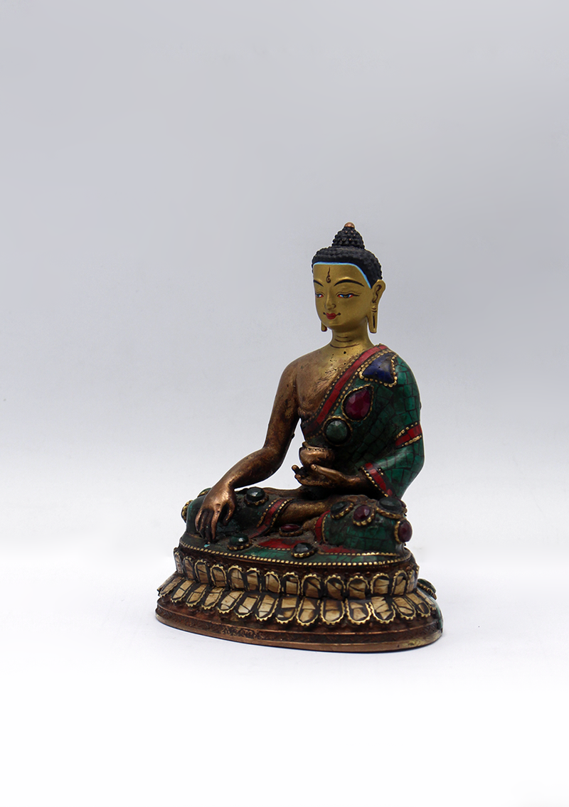 Stone Inlaid Copper Shakyamuni Buddha Statue 4.5"H
