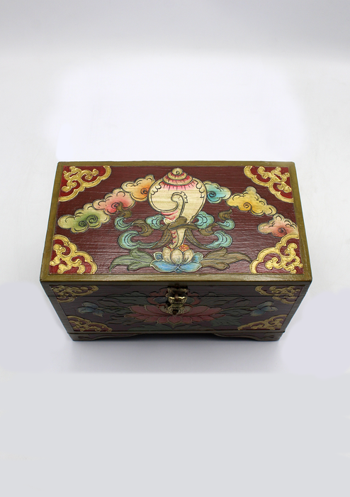 Handpainted Tibetan  Lotus Conch Wooden Box - Large