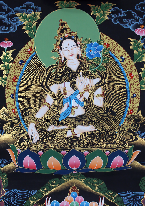 White Tara Brocade Thangka Painting with Gold Highlights