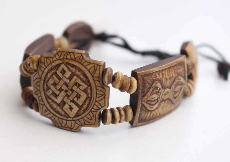 Om, Endless Knot and 8 Auspicious Symbol Carved Yak Bone Adjustable Bracelet