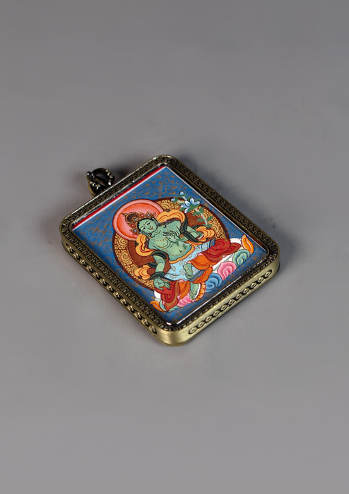 Green Tara Hand Painted Mini Thangka Amulet Pendant