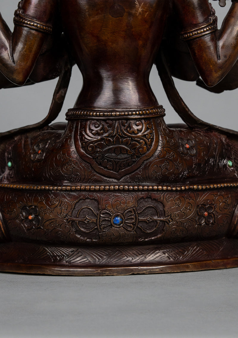 Handcrafted Copper Chenrezig (Avalokiteshvara) Statue with Stone Inlay