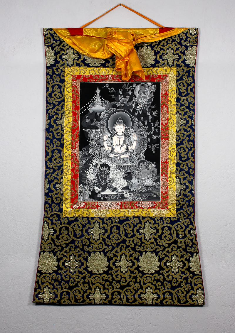 Black and White Chenrezig Brocade Thangka Painting
