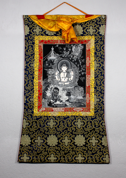Black and White Chenrezig Brocade Thangka Painting